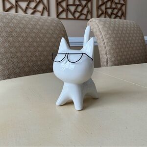 White Ceramic Kitty Cat With Eyeglasses Figurine Decor 👓